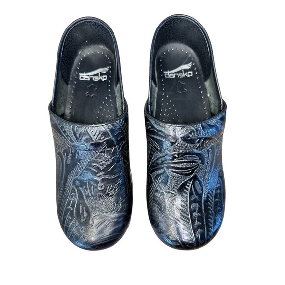 Dansko Leather Clogs Womens 36 5.5 Floral Black Platform Slip-On Office Nurse - Picture 3 of 13